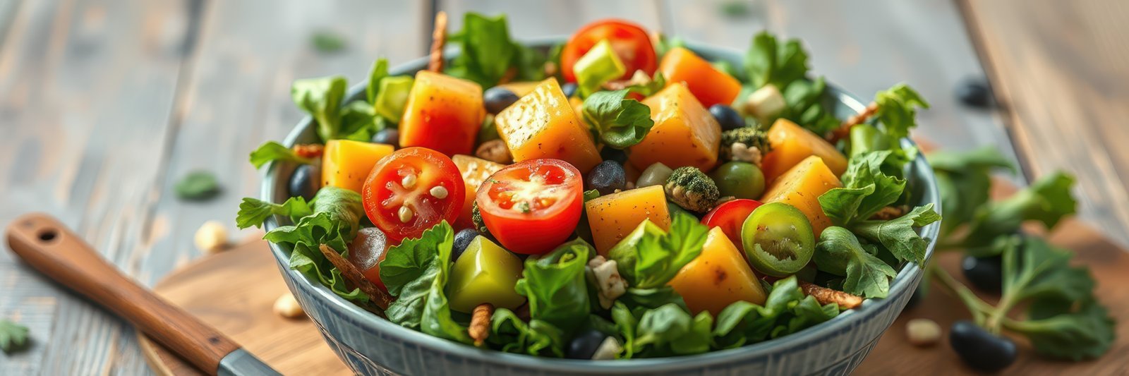 Fresh salad bowl with colorful ingredients served on a wooden board at a sunny outdoor setting